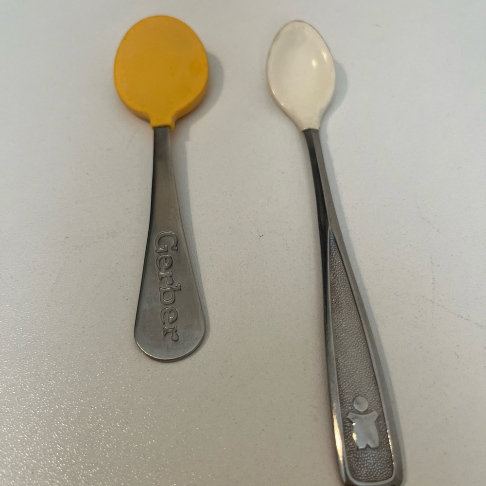 Vintage Gerber Baby Spoon Stainless Steel Handles & Soft Rubber Grips Lot of 2
